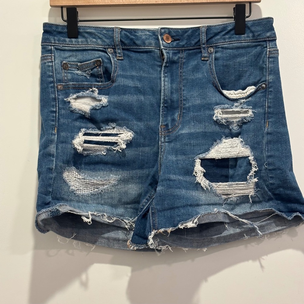 American Eagle Hi-Rise Shortie Distressed Denim Shorts Blue Size 10 Stretch
